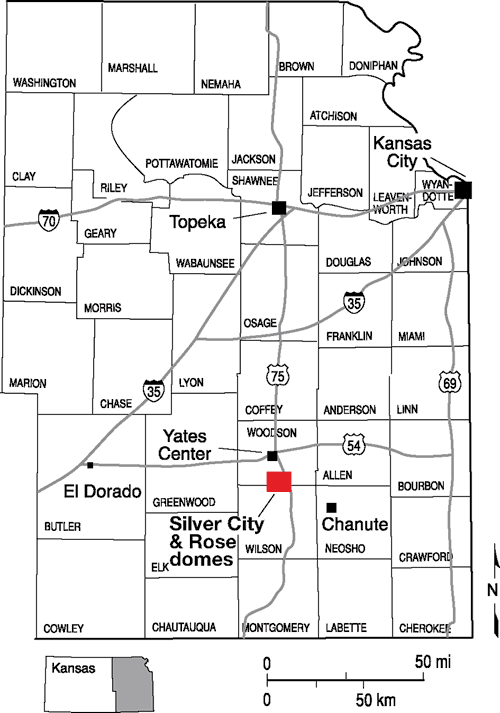 Silver City and Rose domes are located in southeast Kansas, on border of Woodson and Wilson counties.