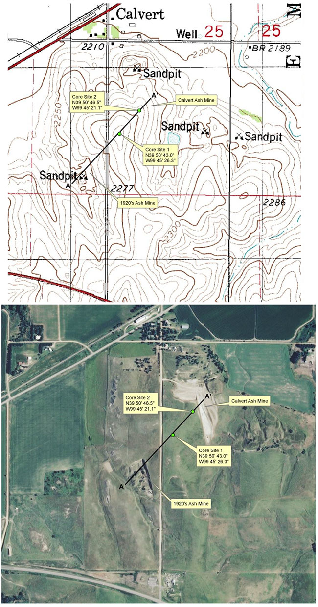 Topographic map and aerial photo of study area south of Calvert.