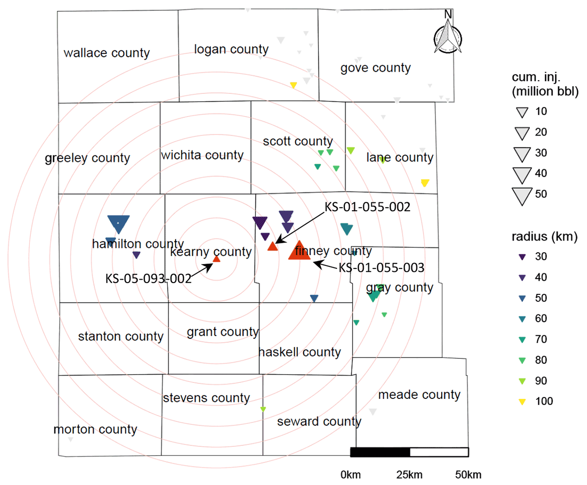 Wells injecting into the Arbuckle aquifer near the Patterson area (Kearny County) and their lifetime injection volumes.