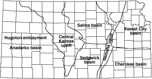 Anadarko basin in west, Salina basin in north central, Central Kansas uplift between, cherokee basin in southeast