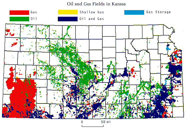 map of Kansas showing oil and gas fields