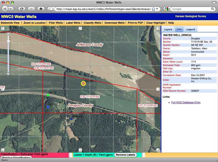 example web map shows well locations with overlays of roads, township-range-section lines, aerial photos, and other geographic information