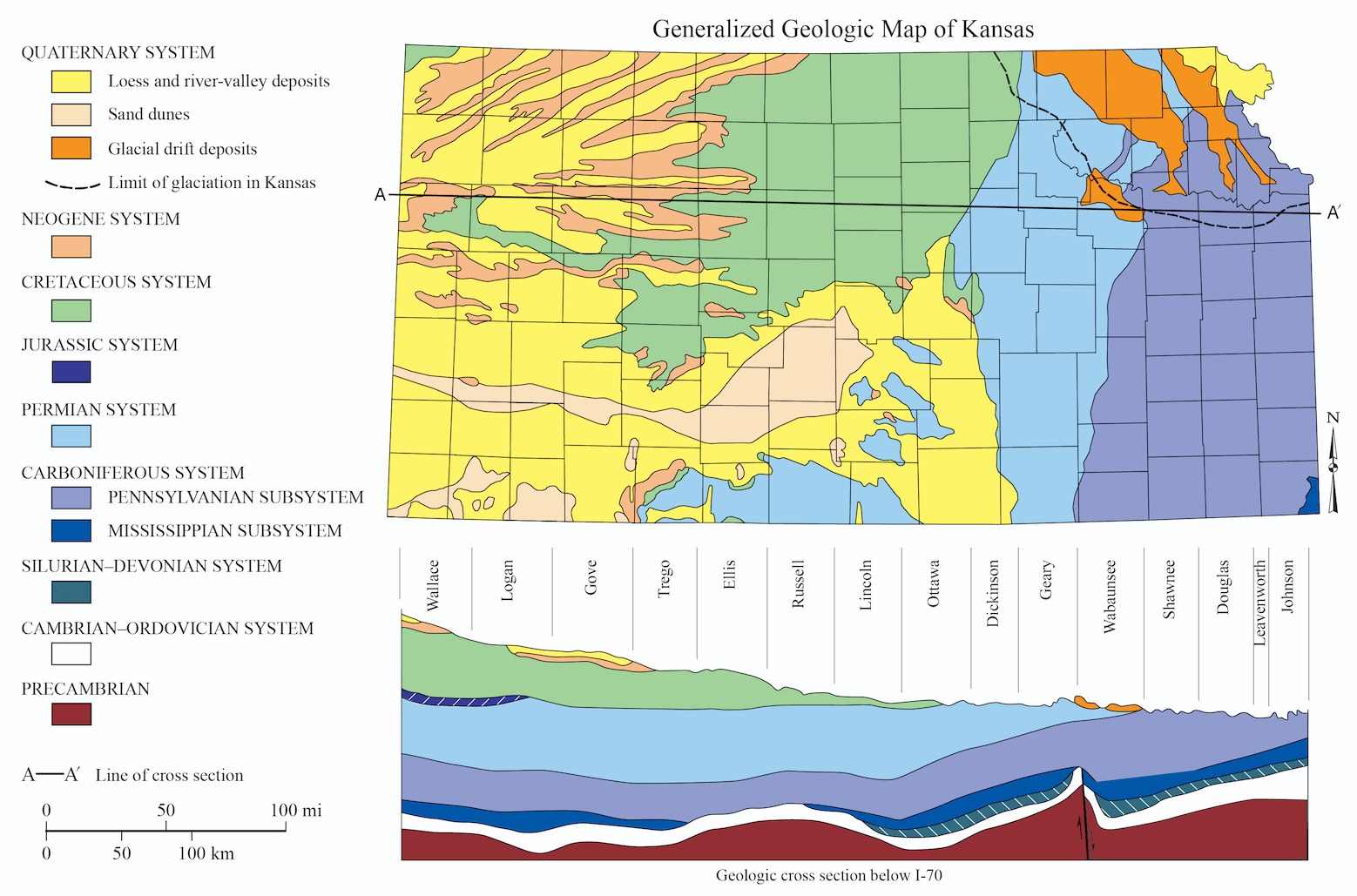Generalized geologic map of Kansas.
