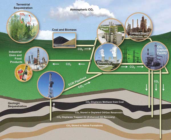 CO2 captured from factories and generating plants can be placed into coals, oil and gas reservoirs, or saline formations.