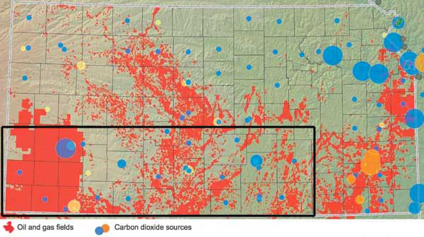 Map of Kansas shows CO2 sources distributed around state; almost all are near oil and gas fields.