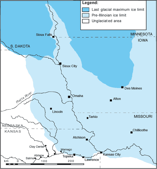 Maximum extent reached Kansas City, Lawrence, Topeka, Wamego, but not as far as Manhattan, CLay Center, or the Republican River; later glaciers did not go farther than Sioux City of Des Moines.