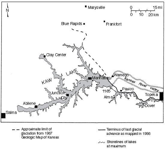 Blockage of Kansas River by ice sheet created lake that stretched from Wamego to Salina.
