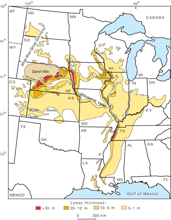 Map of central US showing thickest loess in band from SW Nebraska to NE Nebraska, along western Iowa border; loess is 10-20 m think in much of NW Kansas and a small part of north-central Kansas; loess is 1-5 m in much of rest of Kansas.