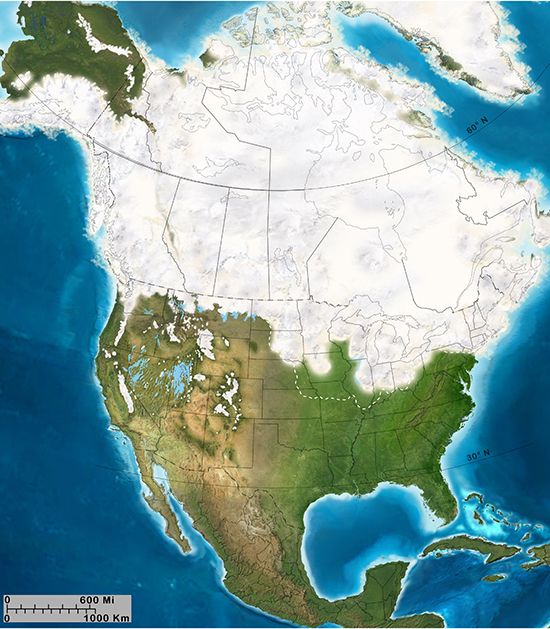 Glaciers covered as far south as eastern Nebraska, NE Kansas, central Missouri, southern Illinois.