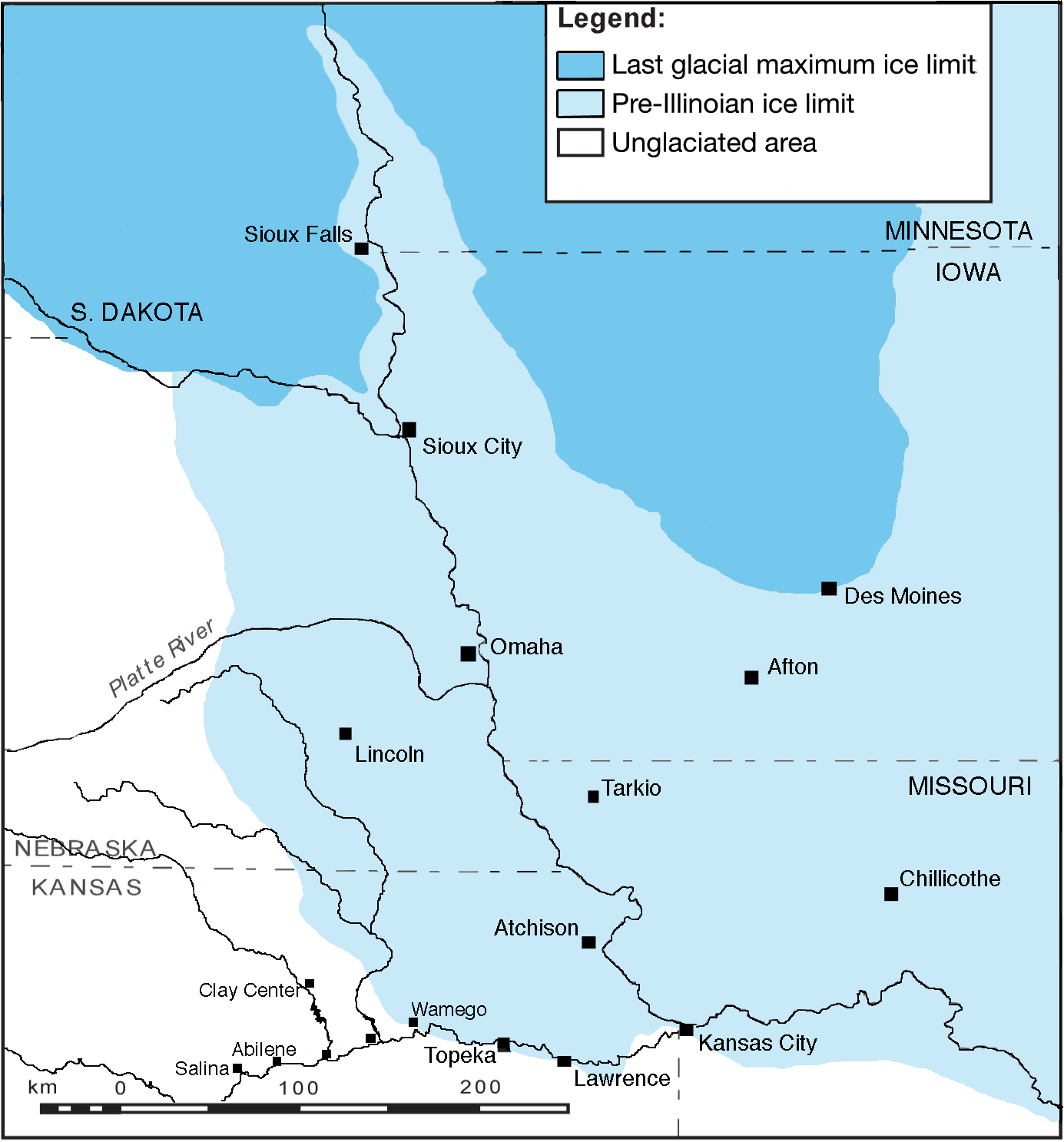 Glaciers covered as far south as eastern Nebraska, NE Kansas, central Missouri, southern Illinois.