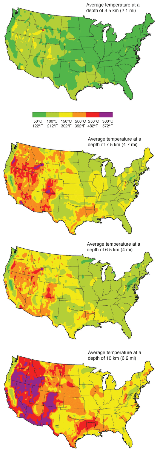 For virtually all of US, temperatures at 2.1 miles deep are 122-212 deg. F; in east, temperatures at 6.2 miles deep are around 302 deg. F and may reach 572 deg. F in Rockies and to west; in Kansas temperatures are around 392 deg. F at that depth.