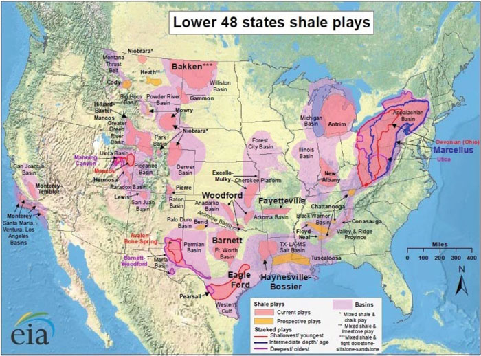 Map of United States showing shale gas plays located in most areas of the nation.