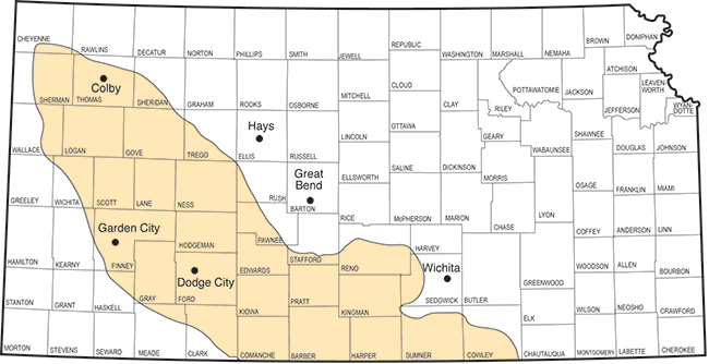 Area of Mississippian limestone play in Kansas ranges from Cowley and Sumner counties in east to Clark and Comanche in west and nortwestward to Sherman and Thomas counties.