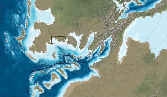 Map shows state of the planet in Mississipian time, where much of Kansa was covered by shallow oceans.