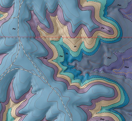 Small part of a geologic map showing the location of limestone, mudstones, and shales as different colors.