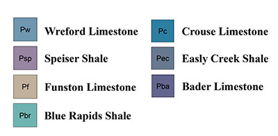 Color key for the map shown gives the names of each rock unit and the color used for that unit.