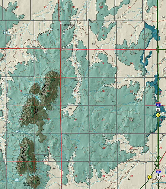 Small part of the Saline County geologic map showing the hills of Coronado Heights.