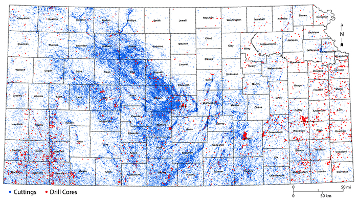 Locations of wells for which cuttings (blue dots) and drill cores (red dots) are available at the KGS.