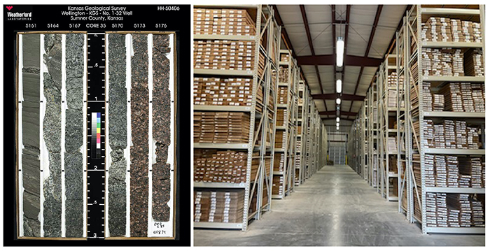 At left, an example of a drill core that has been cut (slabbed) and polished. At right, the KGS Drill Core Library's core storage facility. 