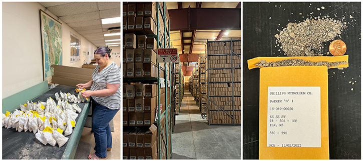 At left, cuttings being bagged as part of the sample curation process at the Kansas Geologic Sample Repository in Wichita. Center, one of several cuttings storage facilities in Wichita. At right, cuttings from a well in Elk County, Kansas. 