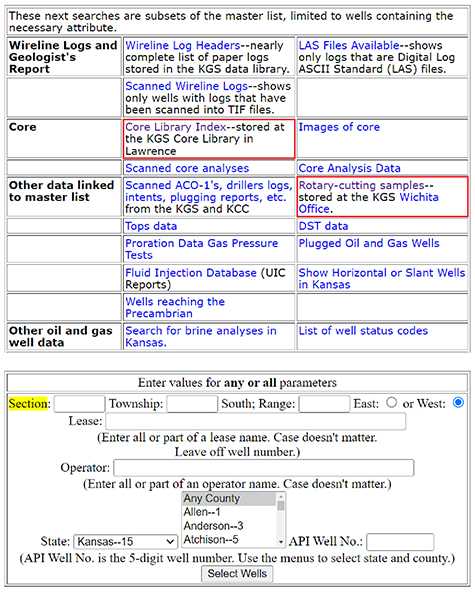 Screenshots of KGS core and cuttings search tools