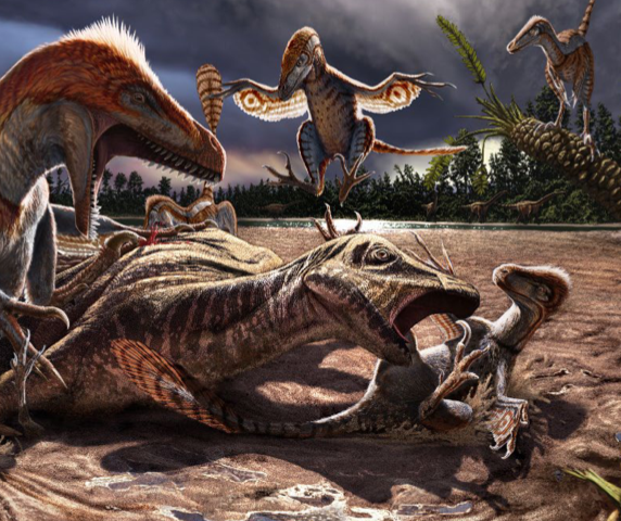 Illustration of dinosaurs fighting