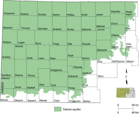 Dakota present in most western counties, starting at a line from Washington to Comanche.