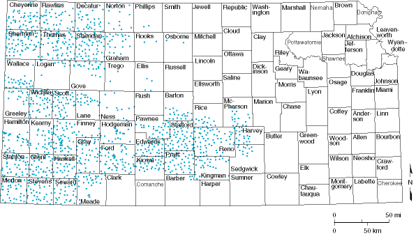 Map of Kansas; wells measured in western Kansas, generaly in areas of Ogallal aquifer.