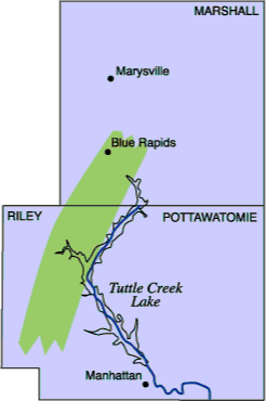 Kimberlites occur in Kansas in a band from central Marshall Co. to southern Riley Co.