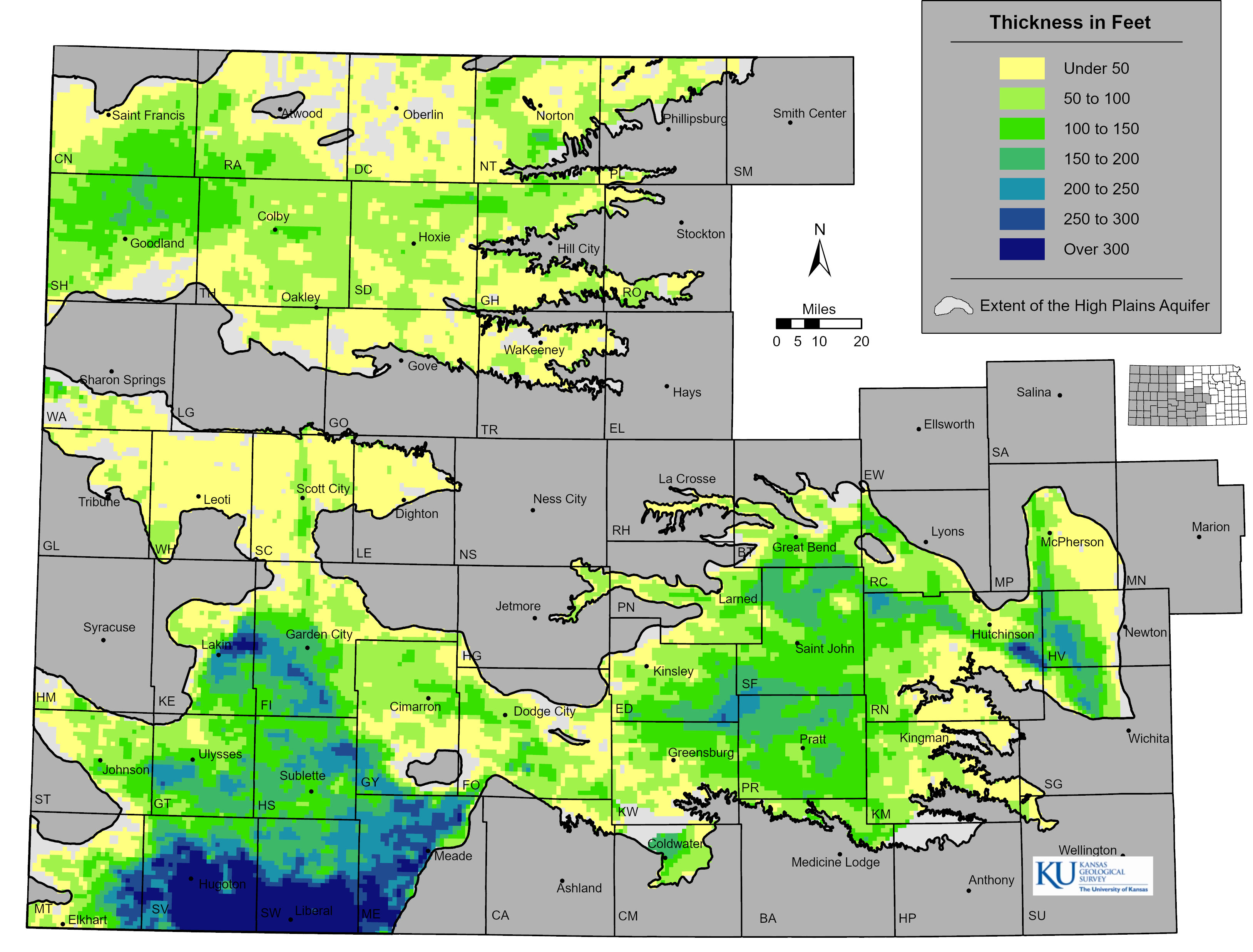 Figure 3. Current (2020–2022) thickness of the High Plains aquifer in Kansas.