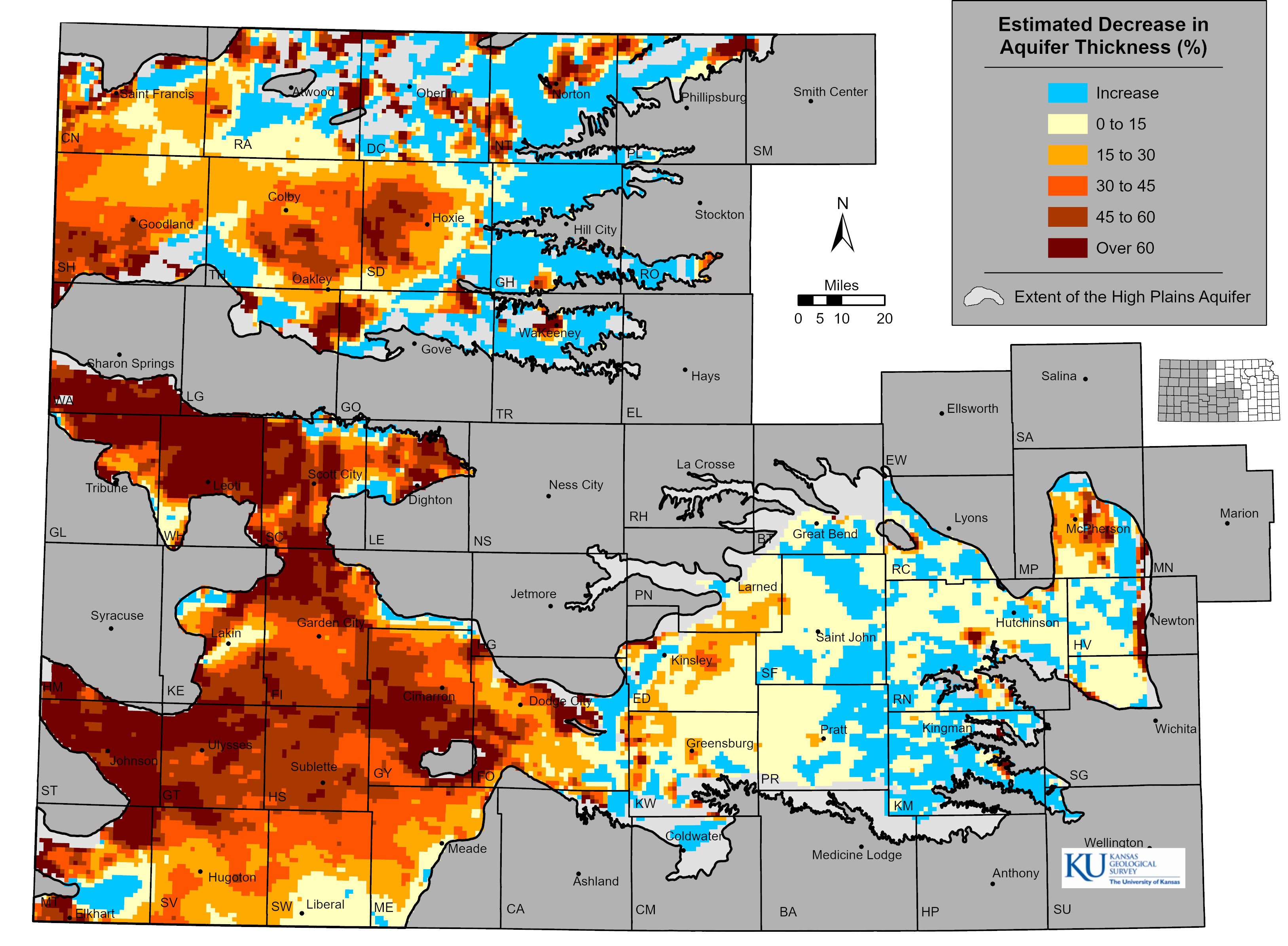 Figure 5. Percent change in aquifer thickness for the High Plains aquifer in Kansas, predevelopment to 2020–2022. 