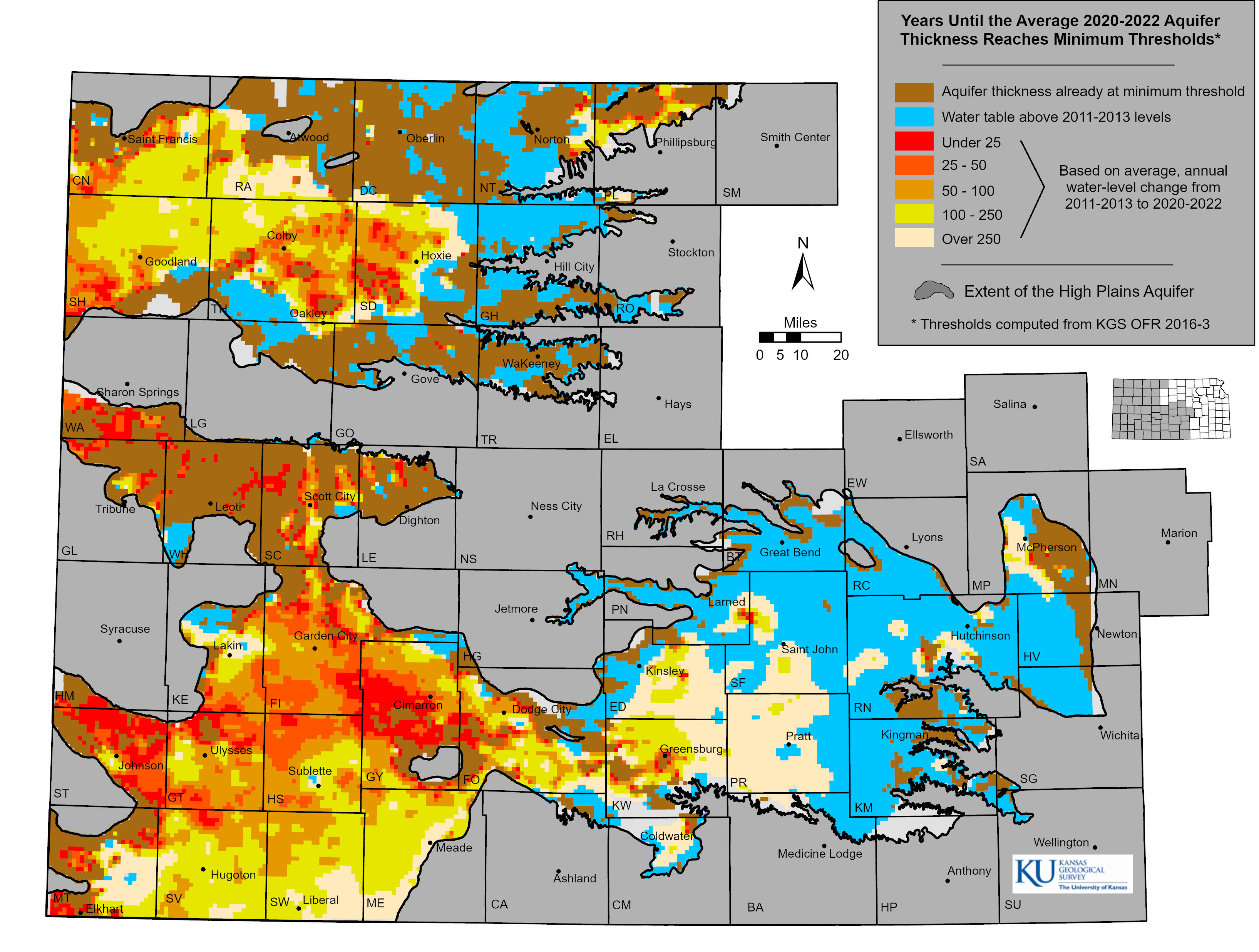 Figure 6. Estimated usable lifetime (average 2011–2013 to 2020–2022 trend) for the High Plains aquifer in Kansas. 