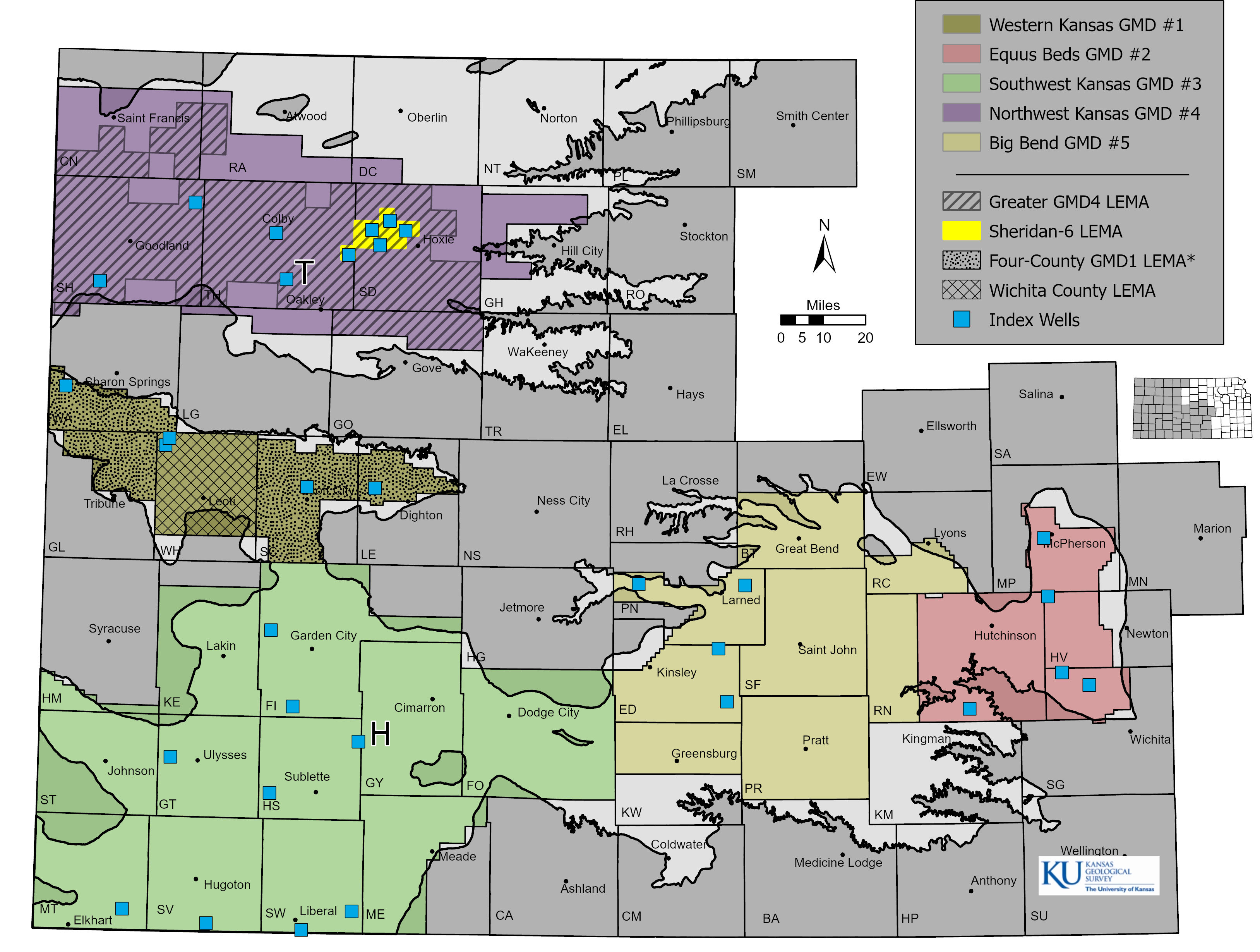 Figure 7. Groundwater management district boundaries, current and proposed (*) LEMAs, and index well site locations in Kansas. 