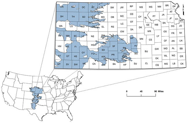 Aquifer covers much of western Kansas, extending as far east as McPherson and Harvey counties, and extends north through Nebraska and south to Texas and New Mexico.
