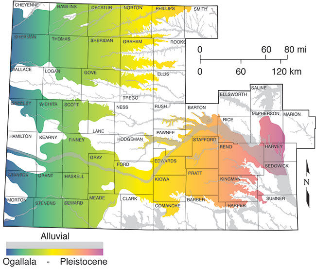 Alluvial cover whole of area but is limited to stream and river beds; other aquifer grades from Ogallala in west to Pleistocene (Equus Beds, Great Bend Prairie) in east.
