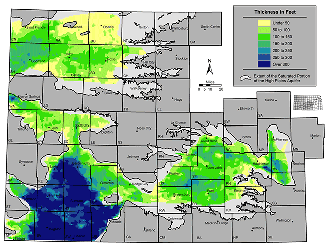 Estimated saturated thicknesses before pumping began range from over 300 feet in far southwest counties to 100-200 feet in northwest; thinnest areas on periphery of aquifers.