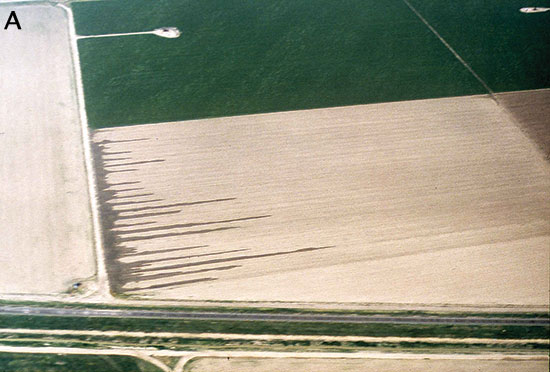 Aerial photo shows plowed field; water entering from one side fills furrows and moves across field.