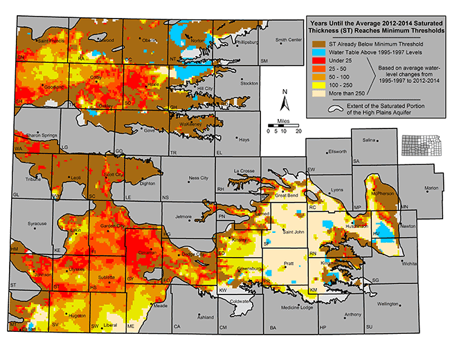 Some areas in west-central are already below minimum threshold; some areas in northwest and southwest are within 25 years of falling below threshold; large blocks in all regions have 100-250 or over 250 years before threshold reached.