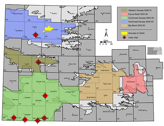 Map of Kansas shows locations of the five groundwater management districts; Sheridan 6 LEMA is in west central Sheridan County.