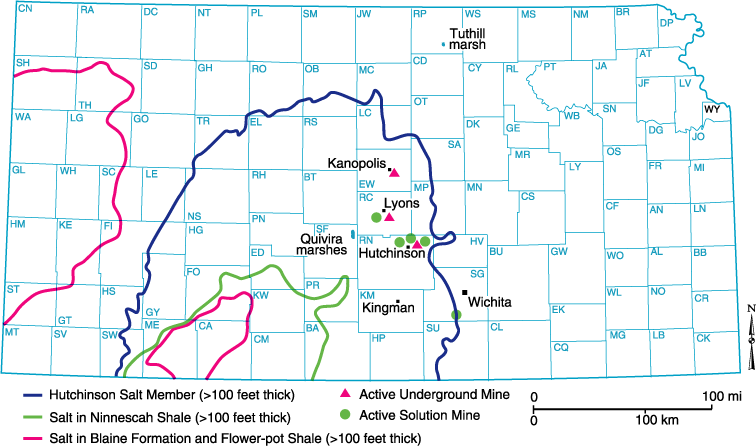 Hutchinson Salt Mbr ranges from Rooks, Osborne, and Mitchell counties south; salt in Ninnescah Sh ranges from Ford and Edwards south; salt in Blaine and Flower-pot are mostly in far western counties.