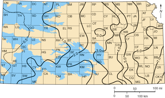 Potential natural recharge is less than 3 inches in almost all of western Kansas; as low as 1/2 inch in far western counties.