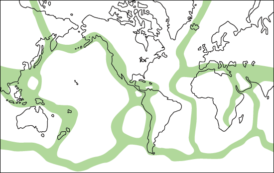 Principal earthquake zones of the earth (shaded in green).