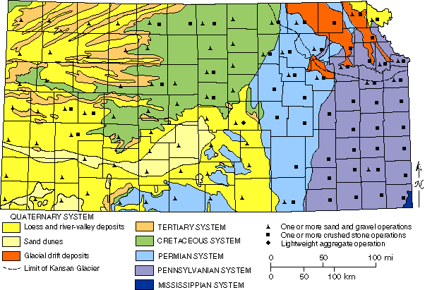 Geologic map of Kansas with industrial mineral producers shown.