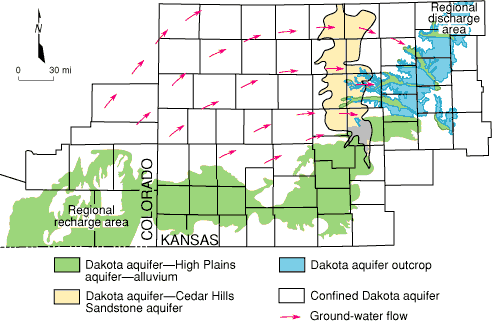 Movement generally from west to east; recharge area in southeast Colorado.