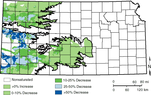 Decreases of more than 50% in southwest and far west-central; some areas showed small rises in thickness