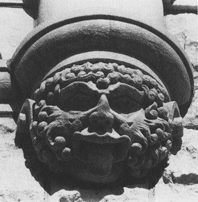 This character, carved in limestone, guards the front door of the Marion County courthouse in Marion.