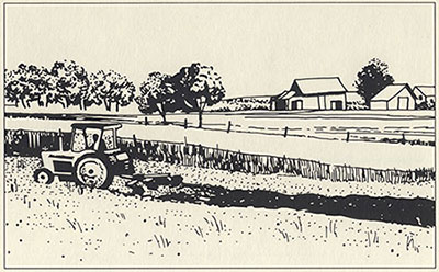 pen and ink drawing of tractor plowing field, farm house in background